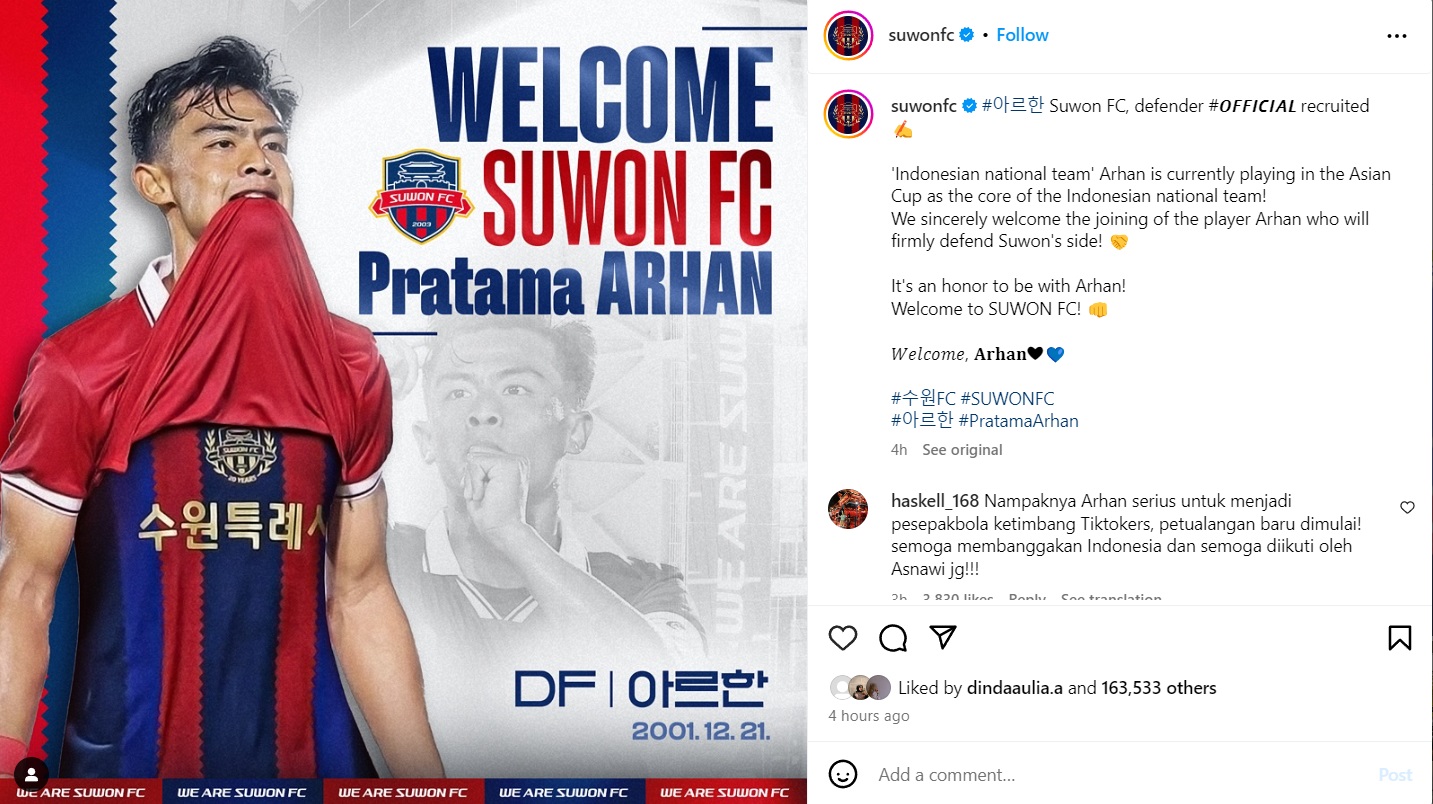 Pratama Arhan Resmi Gabung Klub Korea Selatan Suwon FC