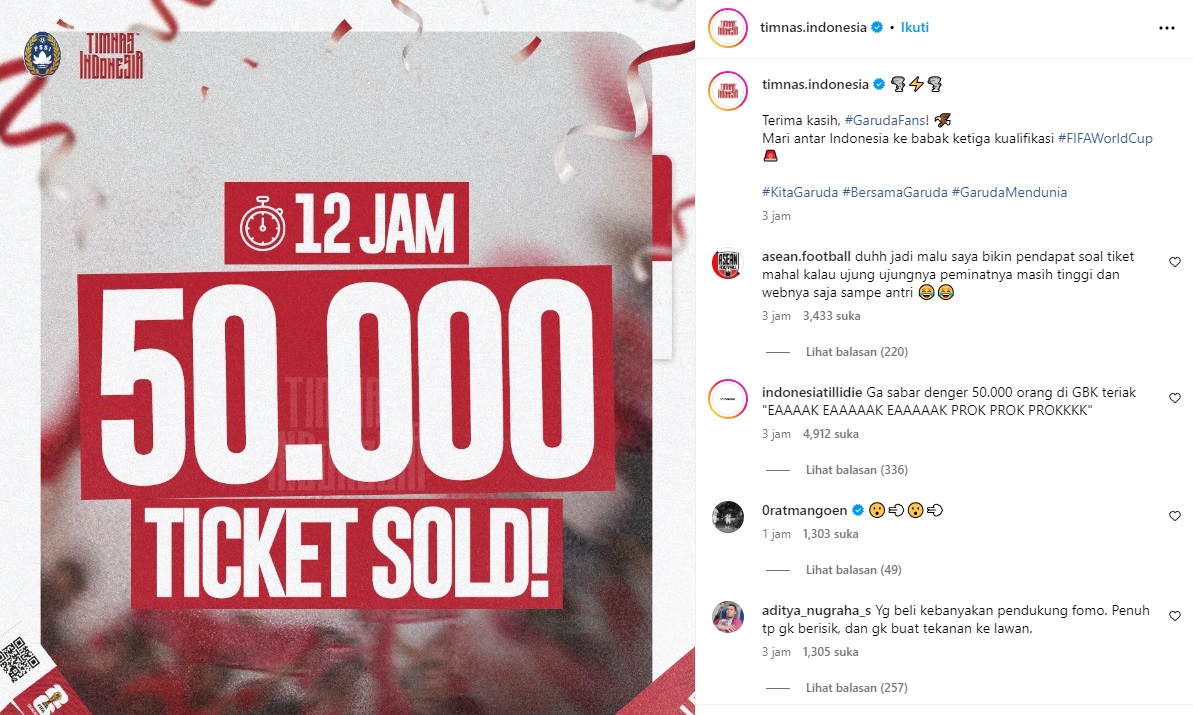 50 Ribu Tiket Timnas Indonesia di Kualifikasi Piala Dunia 2026 Ludes dalam Waktu 12 Jam