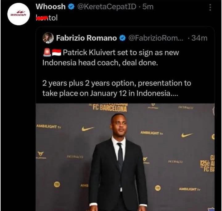 Manajemen KCIC Beri Sanksi Terhadap Admin X Whoosh yang Menghina Kluivert