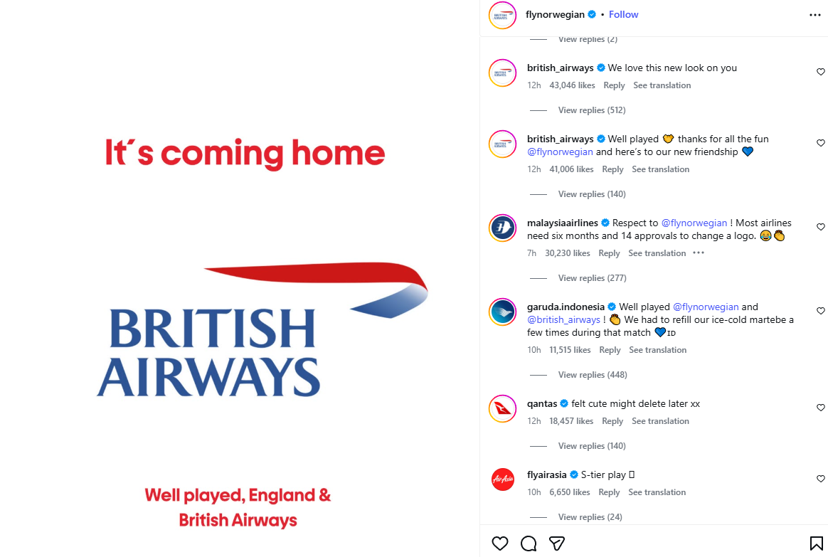 Viral! Maskapai Norwegian Ganti Logo Instagram Jadi British Airways karena Taruhan Piala Dunia