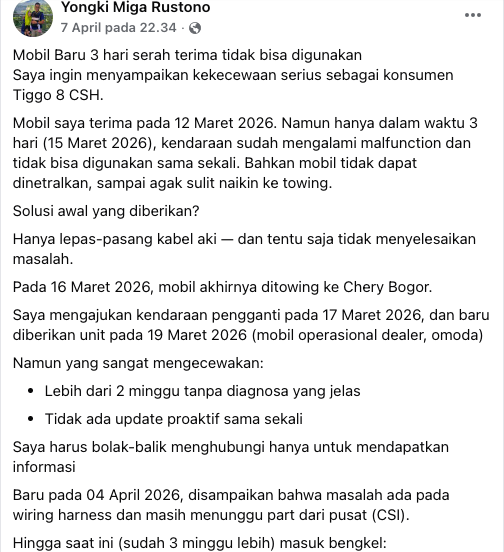 Konsumen Chery Tiggo 8 CSH Curhat Mobil Bermasalah Setelah 3 Hari Pakai