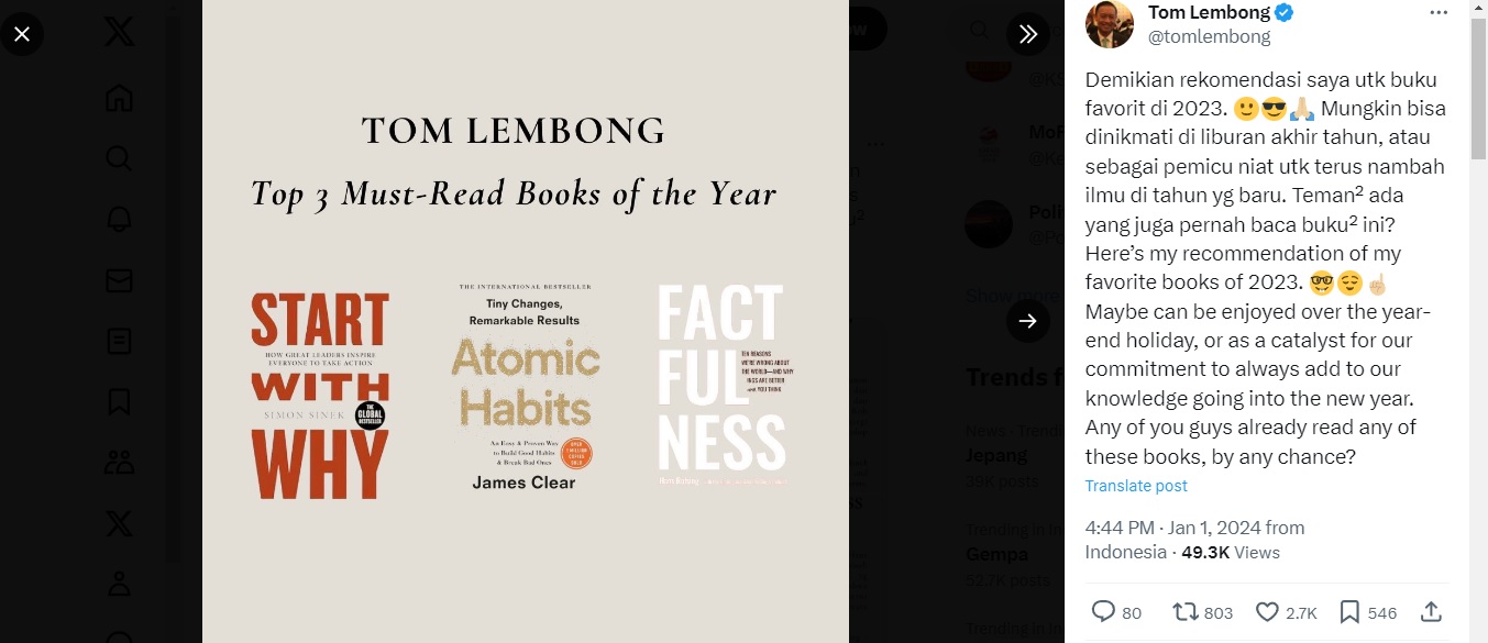 3 Buku Rekomendasi Favorit Thomas Lembong di 2023, Kalian Udah Punya Yang mana?