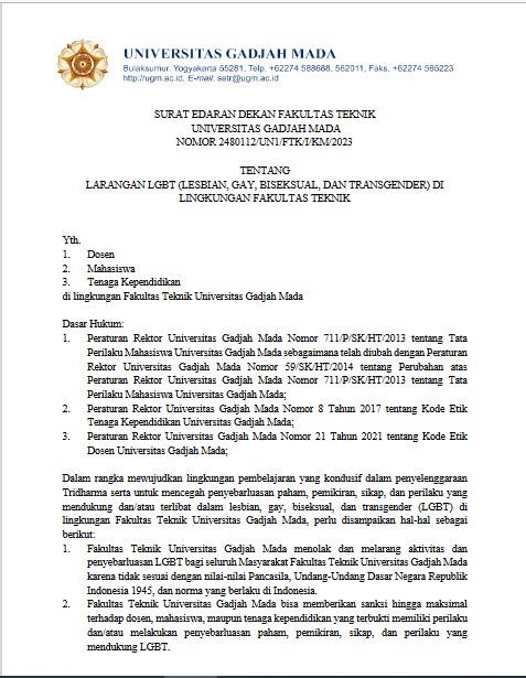 Mahasiswa Bikin Resah di Toilet Kampus, FT UGM Keluarkan Surat Edaran Larangan LGBT