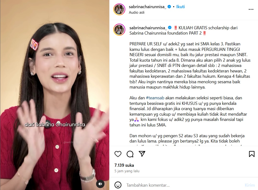 Sabrina Chairunnisa Buka Program Kuliah Gratis Gelombang 2, Ini Syaratnya!