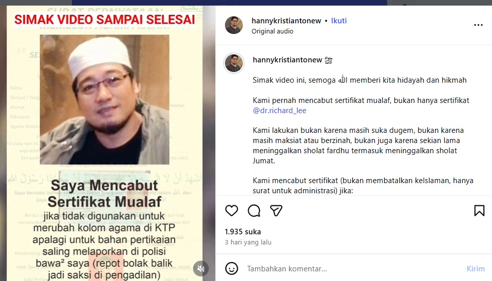 Apa Itu Sertifikat Mualaf? Ini Pengertian, Syarat dan Fungsinya, Belajar dari Polemik Dokter Richard Lee