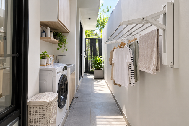 Area Cuci Jemur di Lorong dengan Jemuran Dinding Pull-Down