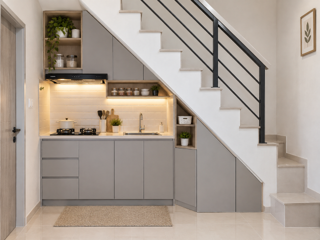Desain dapur di bawah tangga