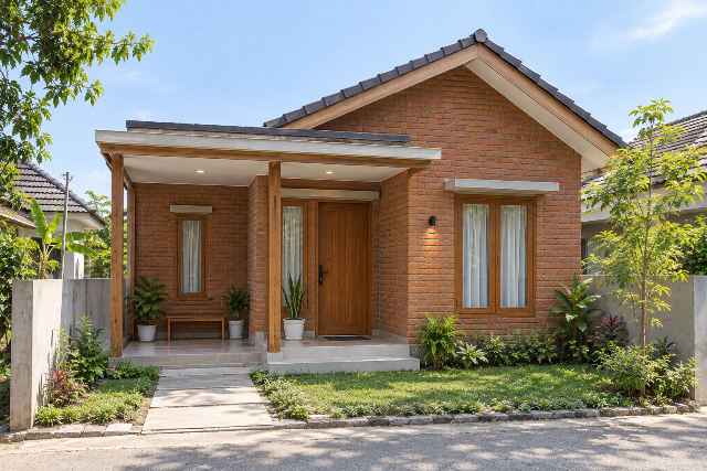 Desain rumah desa dengan dinding bata ekspos
