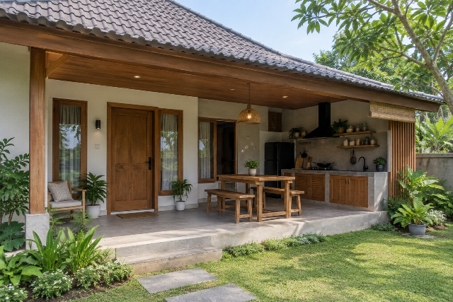 Desain teras rumah kampung dengan dapur outdoor