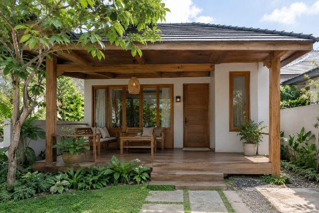 Desain teras rumah kampung dengan model rustic