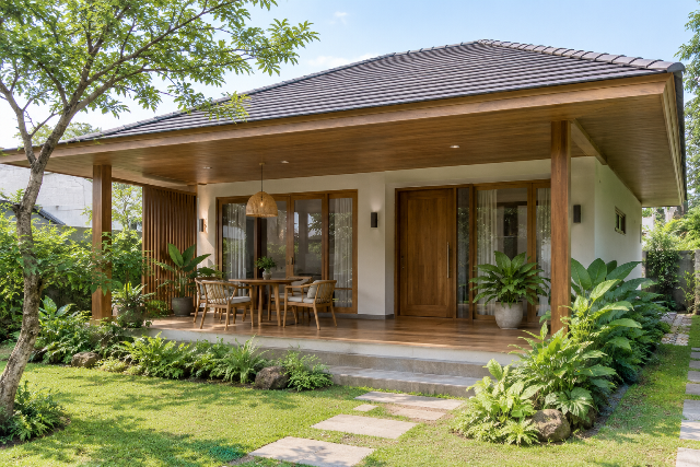 Desain teras rumah kampung konsep villa