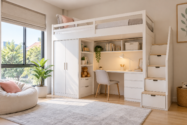 Kamar Tidur dengan Kasur Tingkat Tema Putih