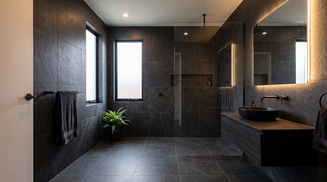 Model Kamar Mandi dengan Warna Gelap