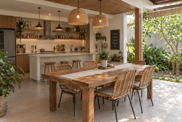 Ruang makan semi outdoor gaya rustic ala cafe