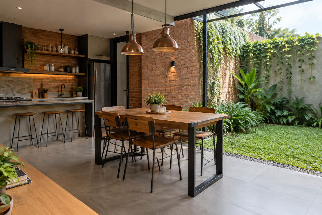 Ruang makan semi outdoor model industrial modern