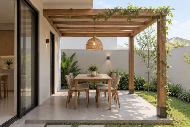 Ruang makan semi outdoor tambahan pergola kayu