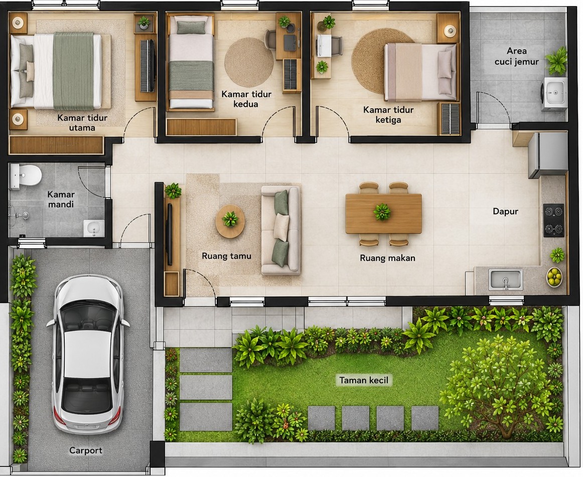 Rumah 3 Kamar dengan Taman Kecil-500kb