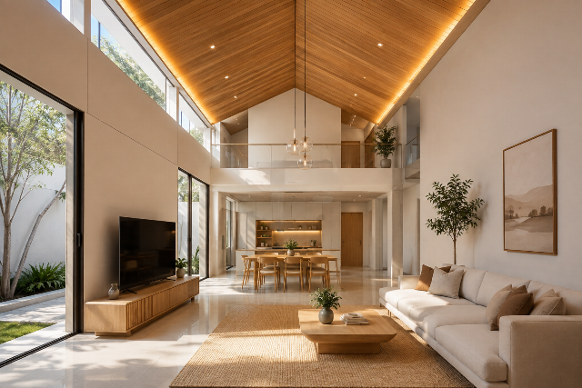 Rumah plafon tinggi material kayu