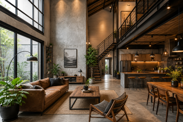 Rumah plafon tinggi gaya Industrial