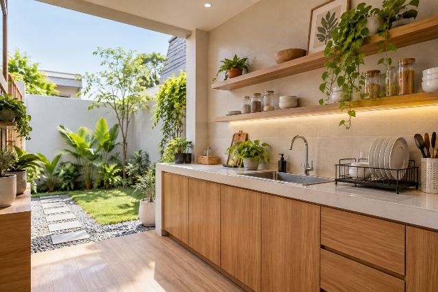 Tempat Cuci Piring Belakang Rumah dengan Nuansa Kayu