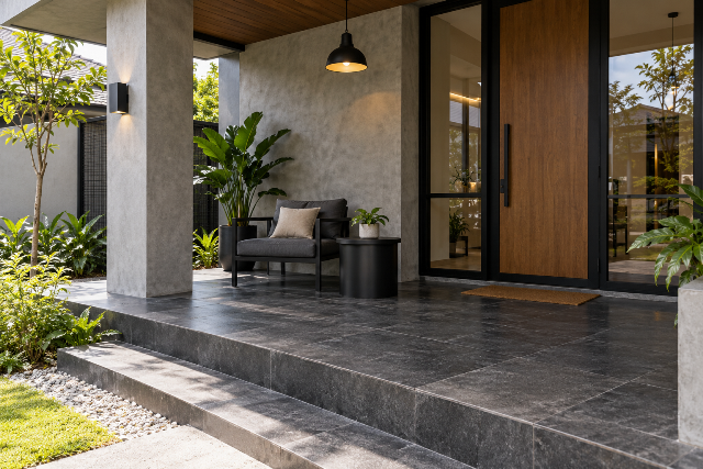 Teras Industrial dengan Batu Andesit