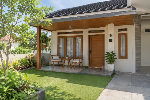 esain teras rumah kampung dengan rumput sintetis