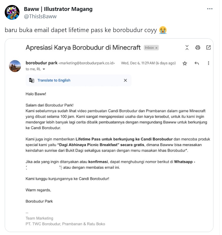 YouTuber Ini Dapat Tiket Gratis Candi Borobudur Seumur Hidup Usai Bangun Versi Minecraft dalam 100 Jam