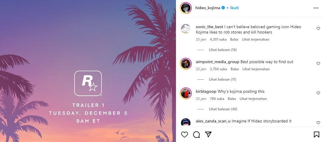 Hideo Kojima Ikutan Posting Perilisan Trailer GTA 6, Bikin Fans Penasaran