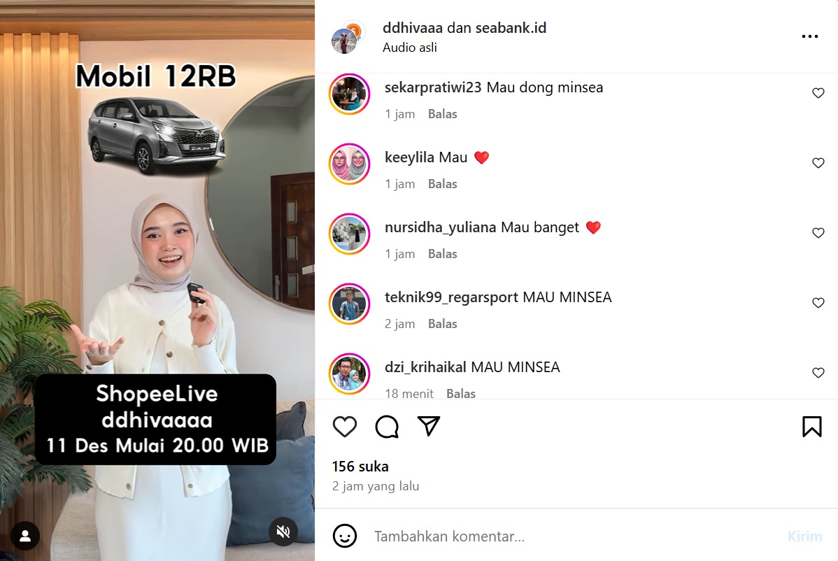 Wajib Nonton! Sesi Shopee Live Dhiva, Ada Kesempatan Beli Mobil hanya 12RB Aja!