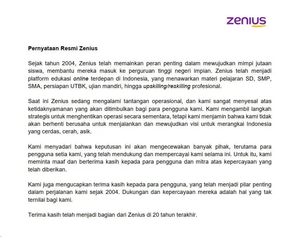 Sedih, Platform Bimbel Online Zenius Umumkan Berhenti Sementara Setelah 20 Tahun