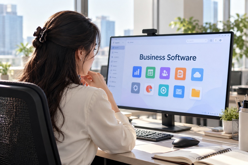 Focused Professional at a Business Software Dashboard
