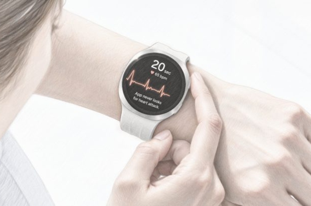 Galaxy Watch mendukung pemantauan irama jantung melalui notifikasi irama jantung tidak teratur dan pembacaan ECG_ (Gambar disimulasikan untuk tujuan ilustrasi_ UX_UI aktual dapat berbeda_)