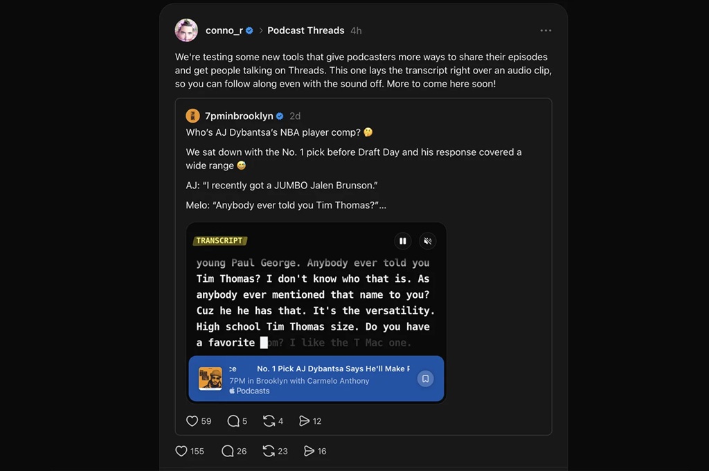 Threads Uji Fitur Transkripsi Podcast Otomatis